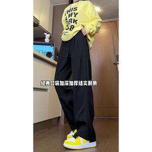 D-A232-HK9550-P35加绒45设计感褶皱裤子男秋季宽松直筒阔腿裤图片