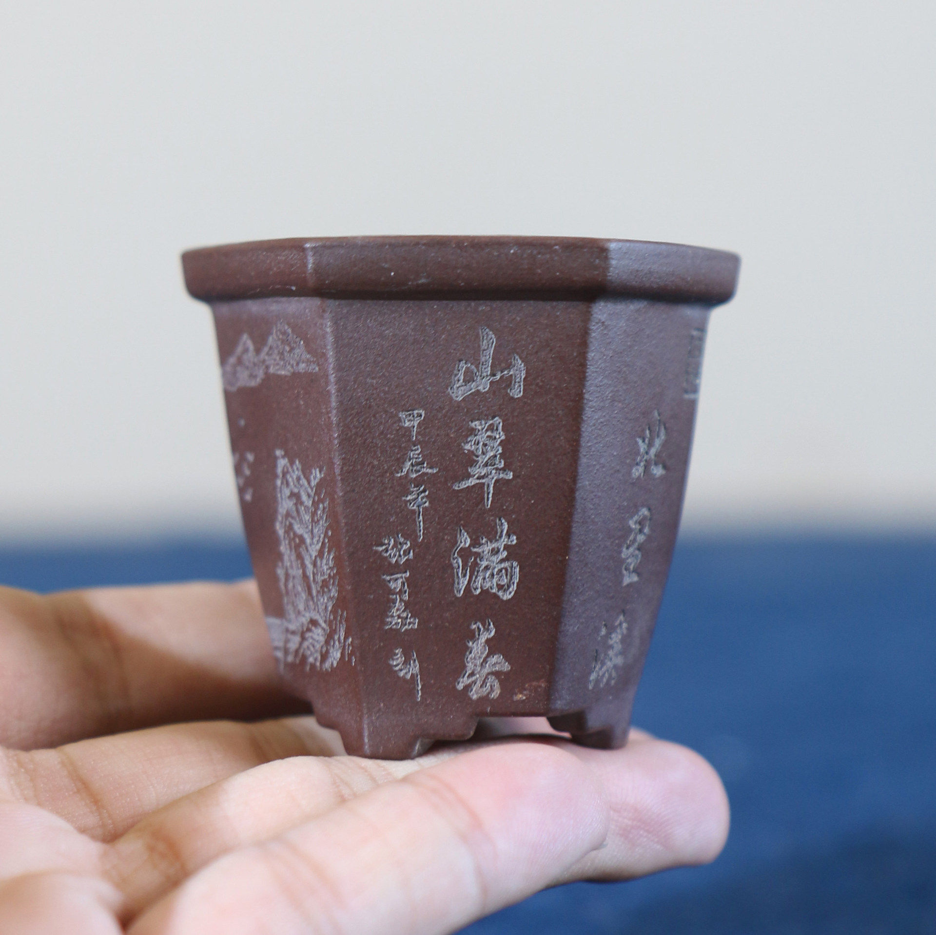 紫砂花盆迷你高六方微型手工刻绘盆景盆张可磊菖蒲盆掌上拇指盆