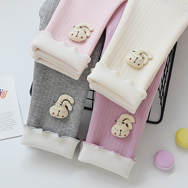 女童加绒裤子春季外穿薄绒女宝黑打底裤早春小孩儿童一体绒保暖裤