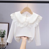 T恤秋冬内搭宝宝加绒白色上衣t 外穿儿童娃娃领长袖 女童打底衫 春季