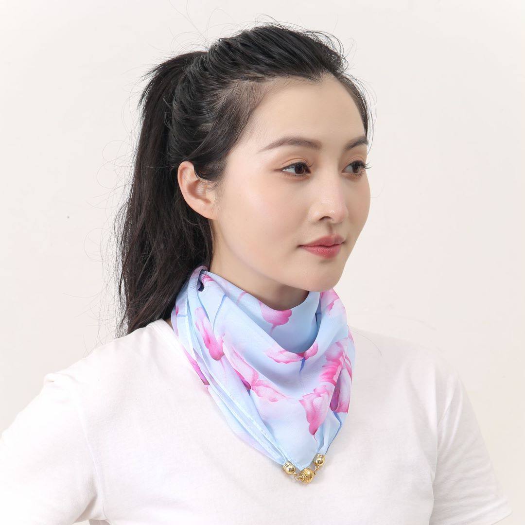 磁吸扣丝巾时尚薄纱巾装饰雪纺方巾防晒脖套护颈女围巾围脖三角巾
