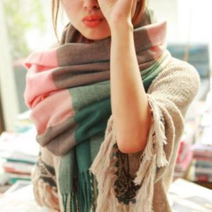 仿羊绒格子围巾围脖丝巾披肩男女粉格冬超长百变两用流苏10条包邮