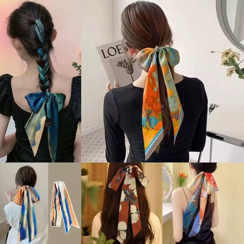 夏秋法式油画风丝巾男女搭配丝带