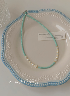 【Asu原创自制】甜美小清新薄荷绿串珠项链女锁骨链夏天圆珠链