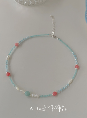 天然拼色圆珠项链女锁骨链颈链