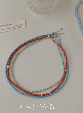 【Asu原创自制】个性多层叠戴串珠项链女锁骨链彩色珠子颈链