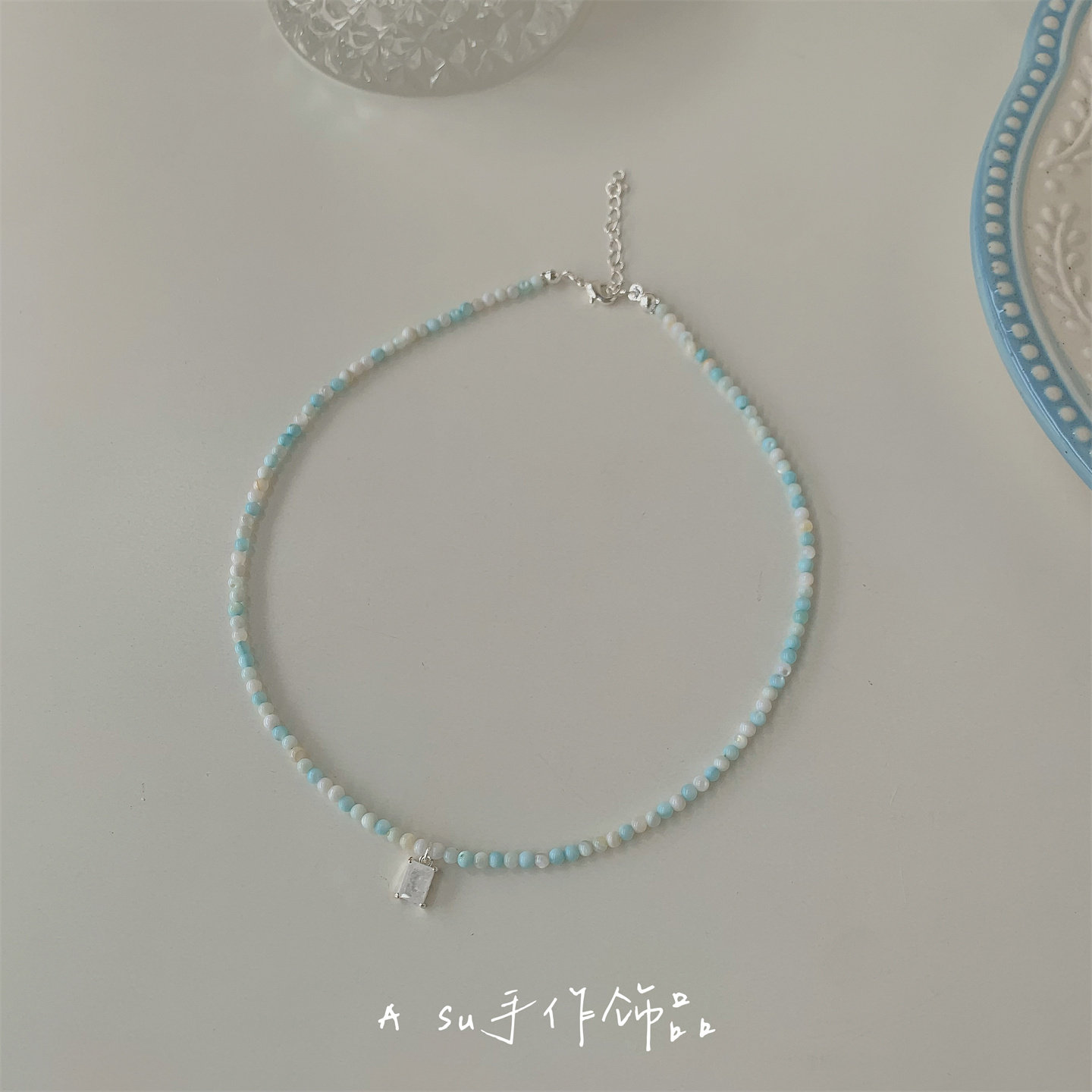 【Asu原创自制】气质蓝色贝珠串珠项链女小清新米珠锁骨链