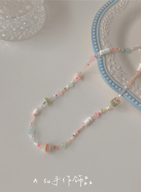 甜美气质粉色系串珠项链锁骨链女