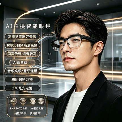 ai智能眼镜800W高清拍照会议录音翻译蓝牙长续航听歌识别万物