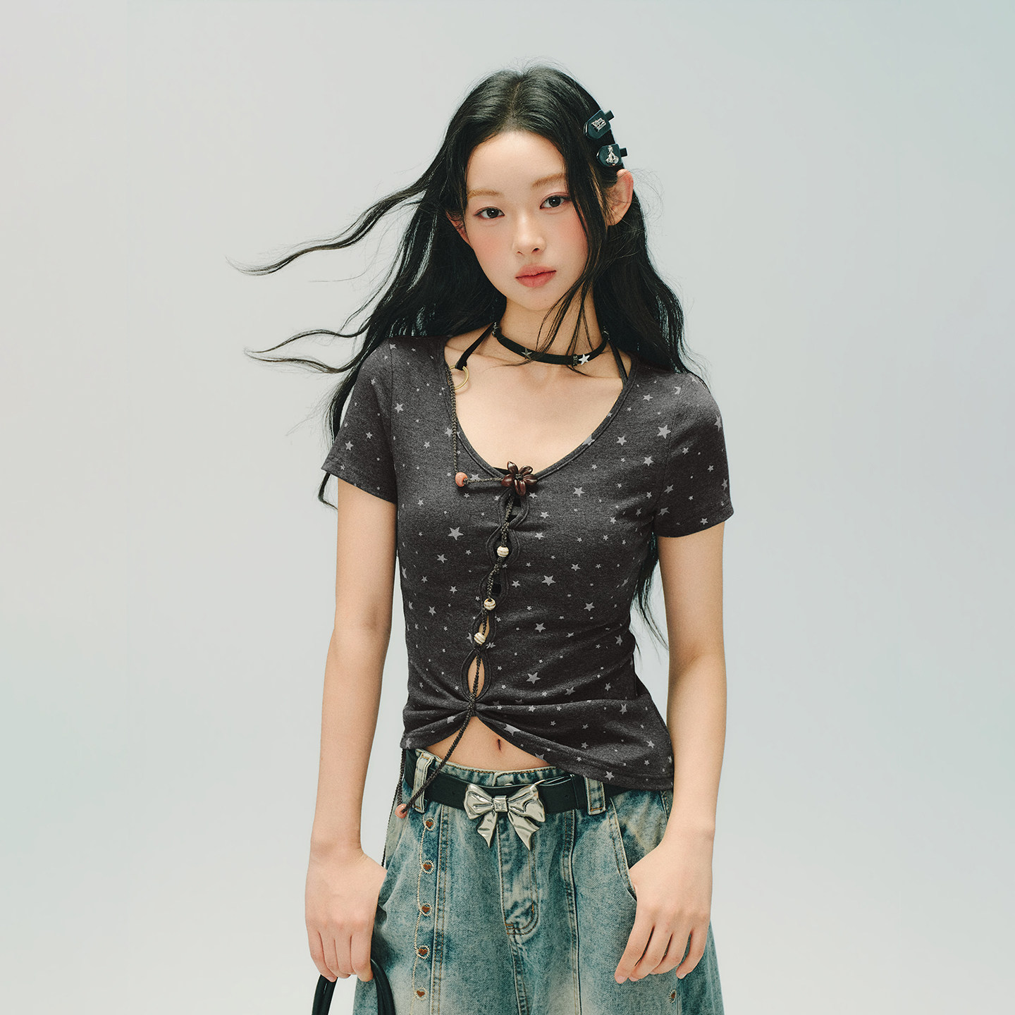 Lull Lull美式复古印花V领短袖t恤套装女夏新款辣妹修身串珠上衣