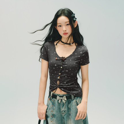 Lull Lull美式复古印花V领短袖t恤套装女夏新款辣妹修身串珠上衣