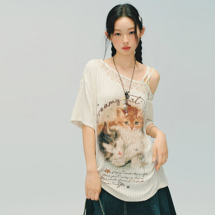 Lull Lull美式复古印花斜肩短袖t恤女夏季新款设计感宽松百搭上衣