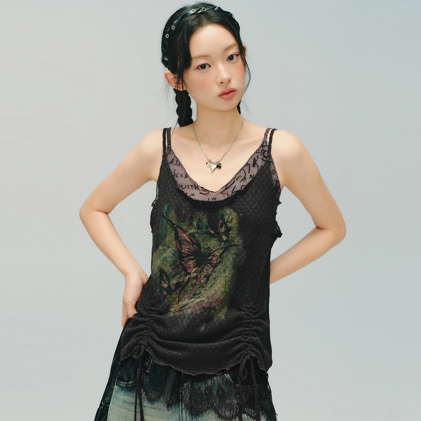 Lull Lull美式复古印花抽绳外穿吊带背心女夏季新款修身显瘦上衣