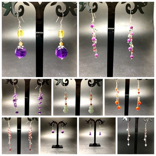 925银钩银链仙女宫廷气质古风石榴石水晶玛瑙耳坠定制