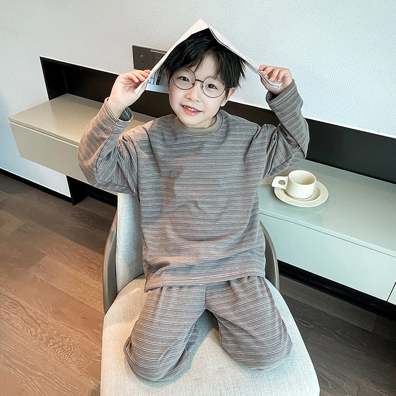 男童秋冬德绒睡衣套装2026新款儿童宽松家居服冬男孩条纹保暖舒适