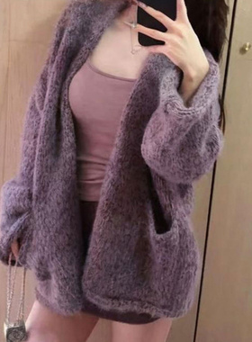 韩系氛围感穿搭紫色毛衣外套女秋季慵懒感宽松中长款针织开衫