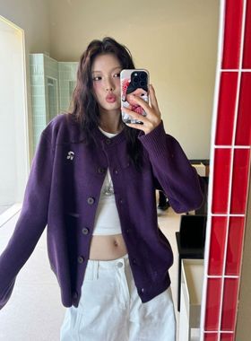 韩版学院风紫色开衫毛衣女秋季2025新款宽松显瘦休闲显白百搭上衣