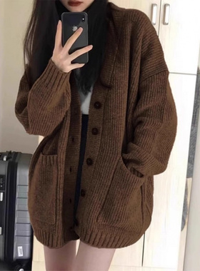 灰色中长款毛衣外套女秋冬外搭日系慵懒复古奶系穿搭软糯针织开