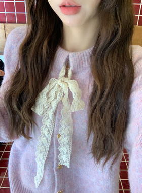 紫色小香风圆领蝴蝶结毛衣开衫女2025早秋冬季软糯宽松针织外套女