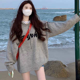 灰色连帽针织衫卫衣女春季美式复古宽松慵懒风中长款毛衣外套上衣