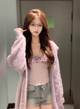 实价【高品仿貂】慵懒风紫色连帽毛衣开衫女秋冬针织外套女气质上