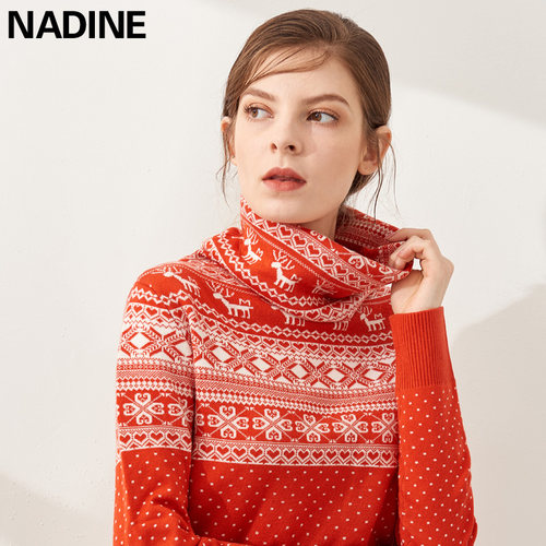 小鹿提花套头毛衣堆堆领宽松加厚