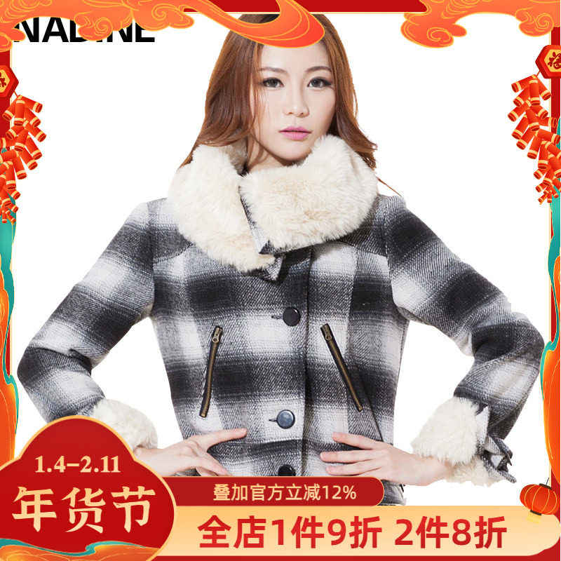 机车风短款格纹毛呢外套女大码时尚英伦格子夹克大翻毛领呢子大衣
