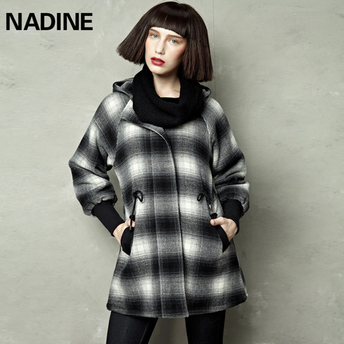 渐变格纹中长款棉服毛呢外套夹棉