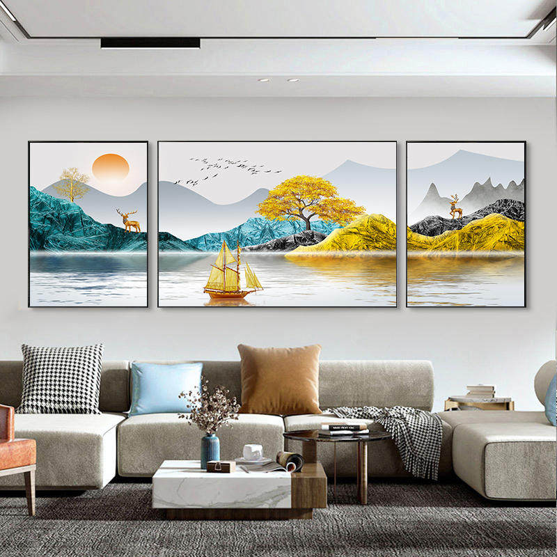 轻奢三联画新款十字绣线绣客厅手工自己刺绣山水风景简约现代大幅