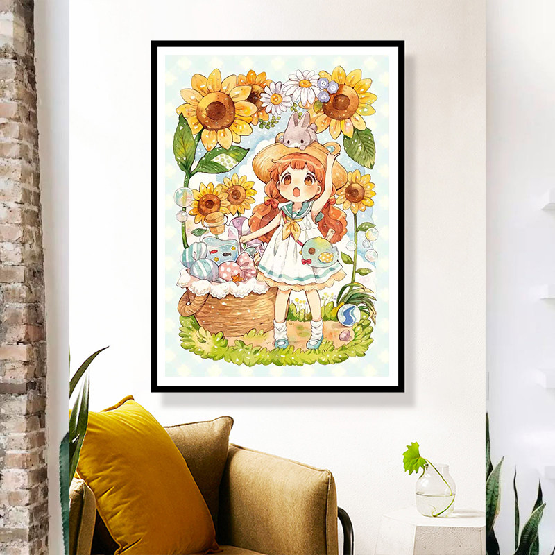 新款钻石画满钻向日葵女孩点粘贴钻十字绣卡通卧室砖石画简约现代