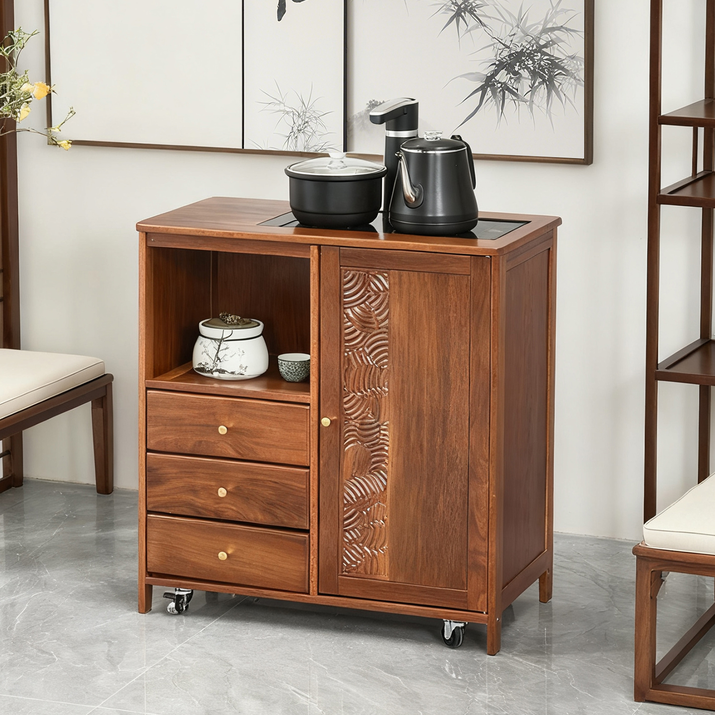 茶水柜实木茶边几家用办公室带轮可移动可烧水便捷烧水一体柜茶柜