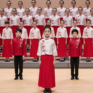 儿童初中小学生男女童合唱中国风红色爱国礼服演讲朗诵比赛演出服