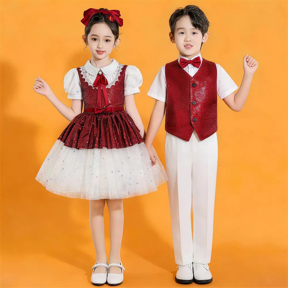 儿童演出服红色爱国比赛诗歌朗诵合唱服装男女童亮片礼服马甲套装