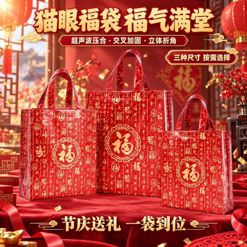 无纺布手提礼品袋福袋新年红色包装喜庆送礼过年福字袋子结婚