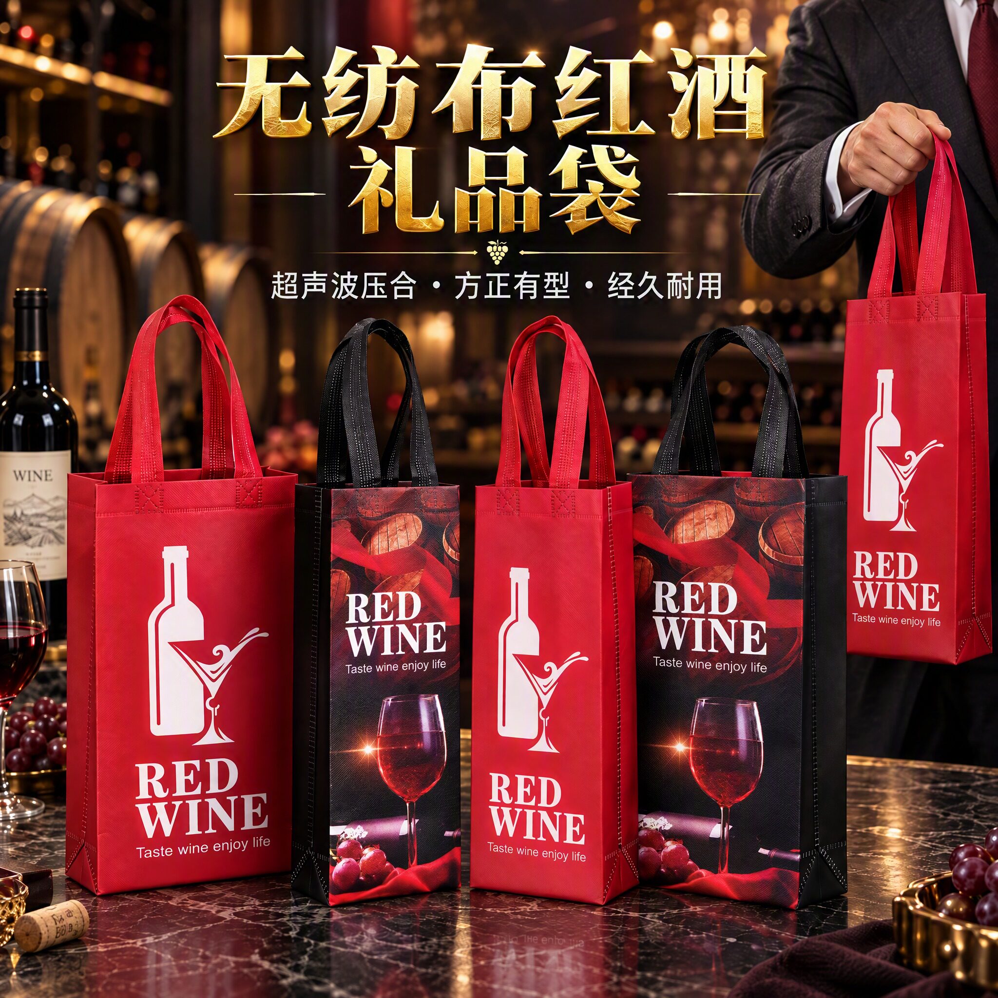 2026覆膜无纺布红酒袋节日葡萄酒单双支装礼品包装手提袋logo