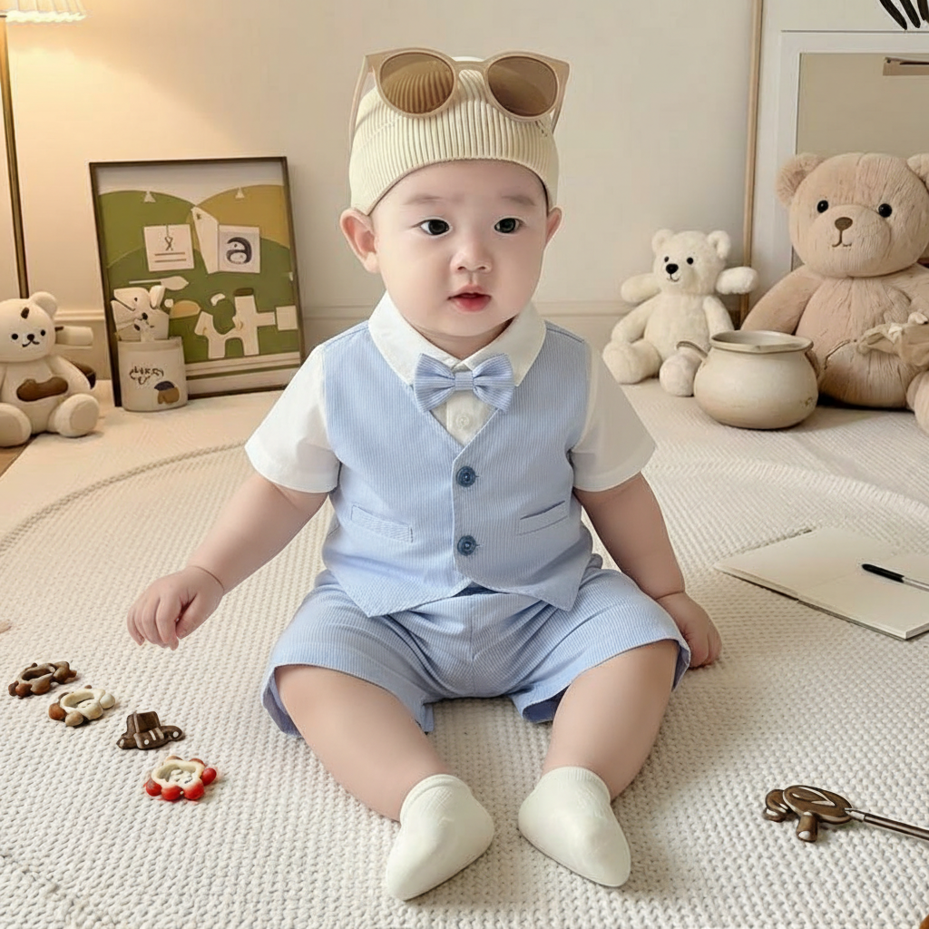 韩版男童绅士礼服套装夏季帅气假两件马甲衬衫一周岁宝宝帅气套装