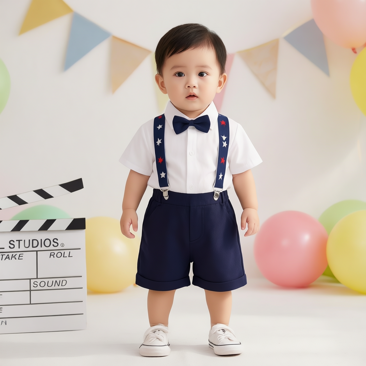 男童绅士风马甲四件套夏季宝宝生日礼服领结背带裤套装蝴蝶结周岁