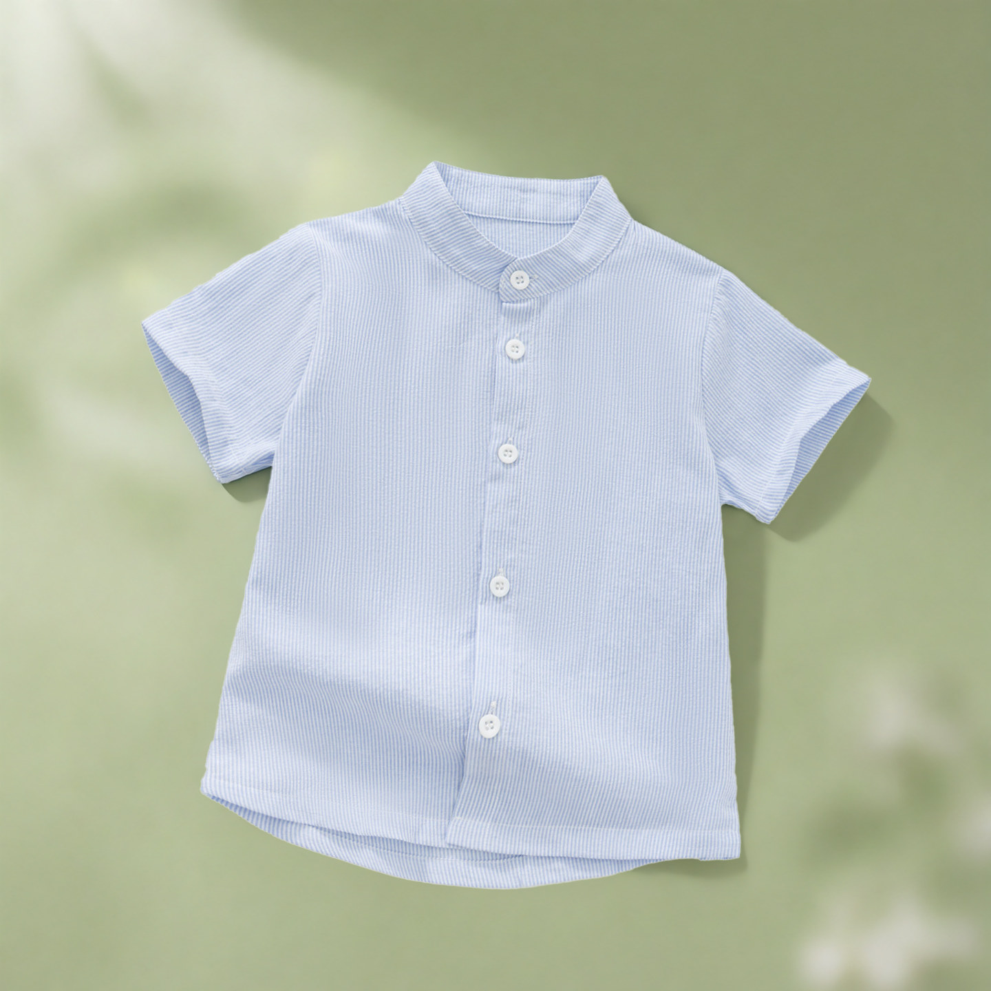 男童蓝色条纹短袖衬衫女宝宝夏季立领薄款百搭学院校服同款演出服