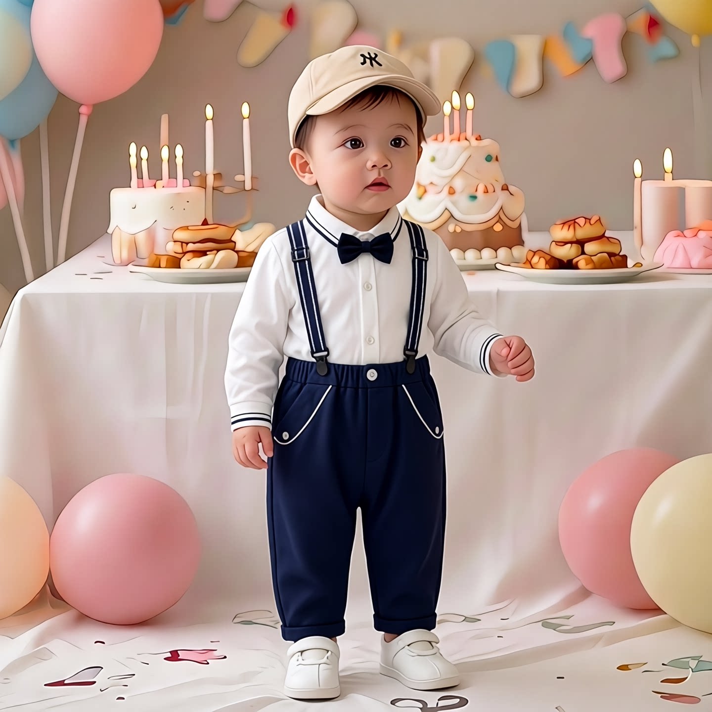 英伦风儿童绅士套装男宝宝生日宴会背带裤白衬衫蝴蝶结领结两件套