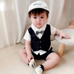 英伦风男童西装套装短袖马甲衬衫领结假三件套帅气绅士小礼服夏季