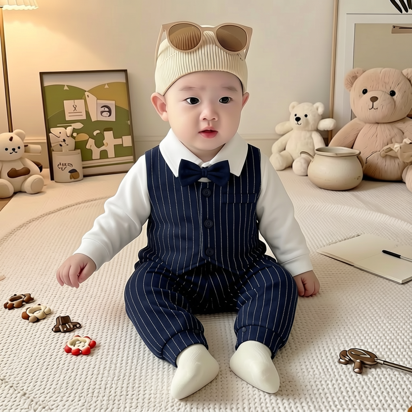 婴儿春秋衣服小西装连体衣英伦百日宴男宝宝绅士少爷服一周岁礼服