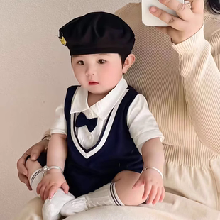 婴儿连体衣夏季 短袖 百天周岁礼服绅士男女宝宝满月英伦学院风哈衣