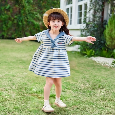 女童海军领条纹短袖连衣裙