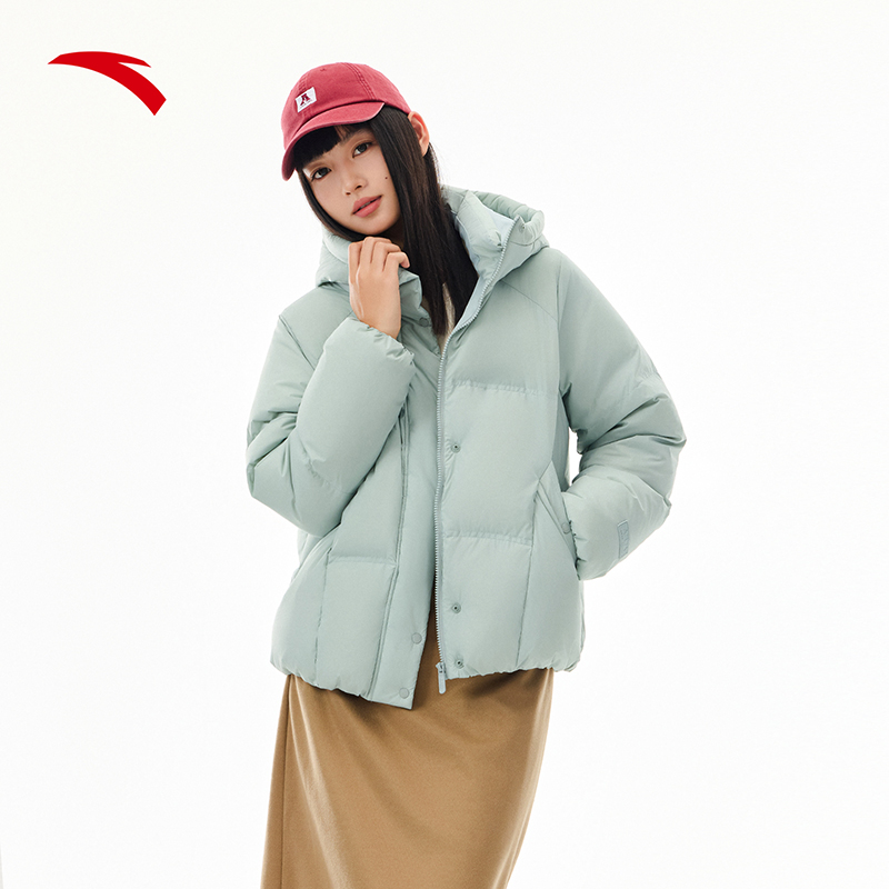 安踏宽松连帽短款羽绒服女冬季防泼水鸭绒面包棉服外套162548914