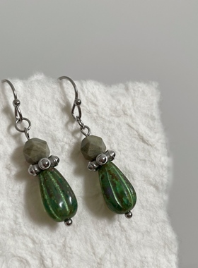 尾生之信 | 原创冷淡捷克珠+银叶石百搭简约气质短款防敏耳环耳夹