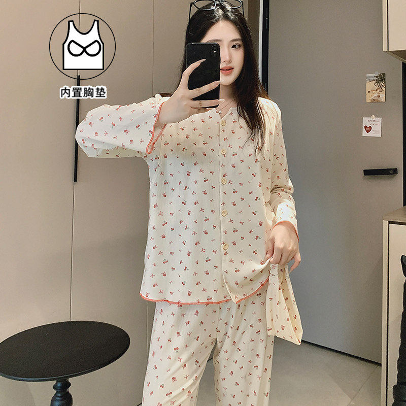 睡衣哺乳开衫带胸垫月子服夏季四季6月份7透气薄纯棉全棉吸汗孕妇