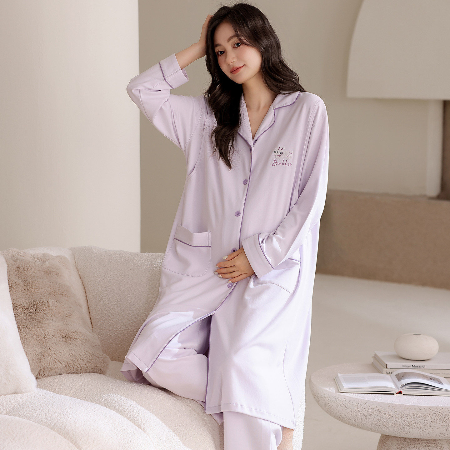 春秋哺乳薄款待产裙中长款夏季纯棉月子服两件套睡衣产后睡裙孕妇