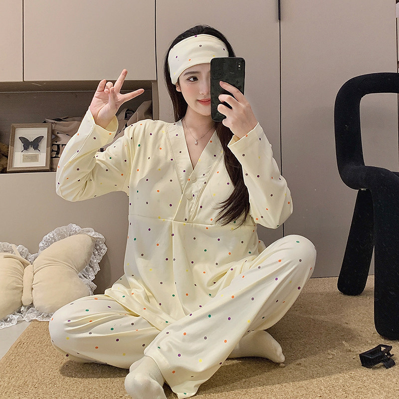 睡衣套装带胸垫纯棉家居服秋冬季加绒加厚哺乳月子服春秋产后孕妇