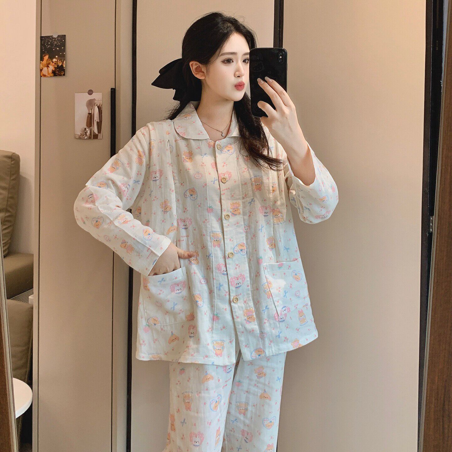 睡衣女待产妇夏薄款甜美开衫月子服纯棉拉链哺乳口春秋季套装孕妇
