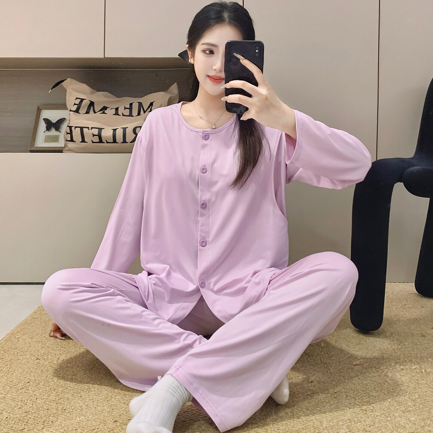 带胸垫纯色孕妇睡衣春秋季棉产妇出院哺乳月子服夏薄款圆领不勒肚